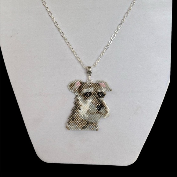 Hand crafted Beaded Schnauzer Dog Pendant Necklace Silver Plated Chain - Picture 4 of 4